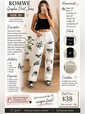 White Graphic Butterfly & Tattoo Print bootcut/wide leg Jeans